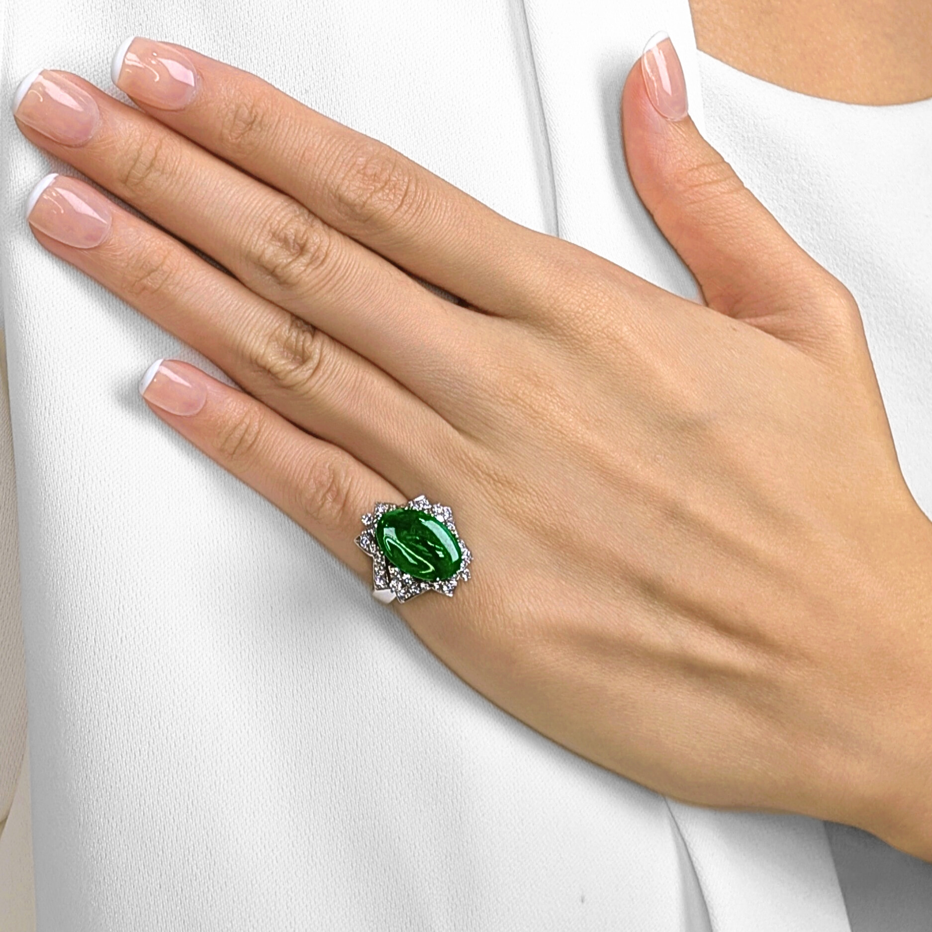 Graceful 1.64ct Jade & Natural Diamond Ring in 7K White Gold