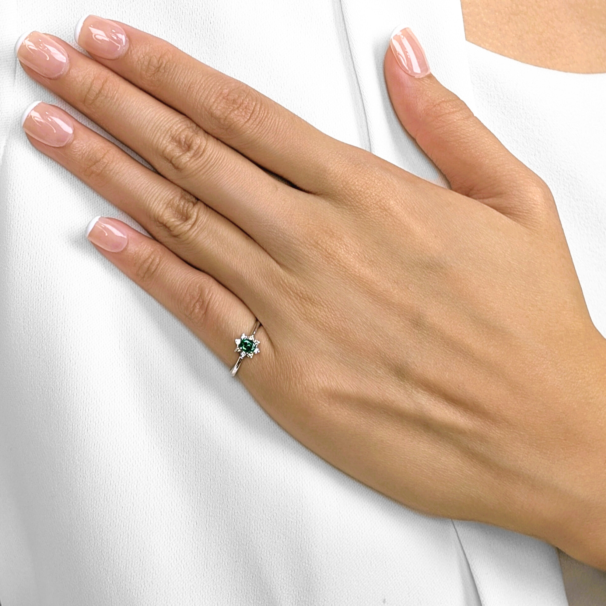 Delicate 0.15ct Emerald & Natural Diamond Halo Ring in 18K White Gold