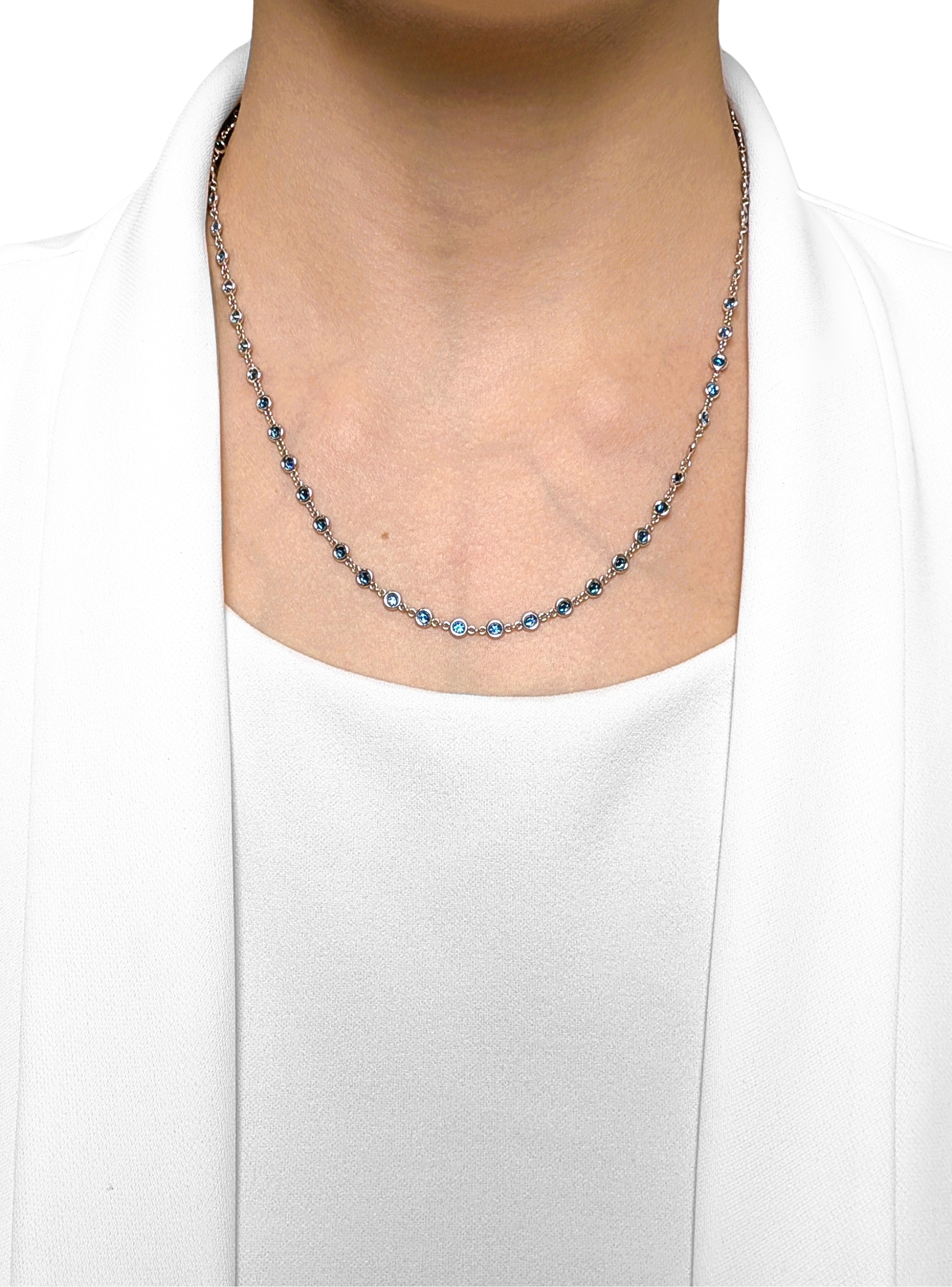 Vibrant 2.32ct Blue Natural Diamond Bezel Station Necklace in 14K White Gold