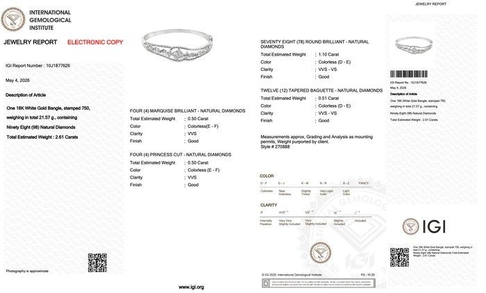2,61 Karat IGI-zertifizierter natürlicher Diamant 18K Weißgold Armreif