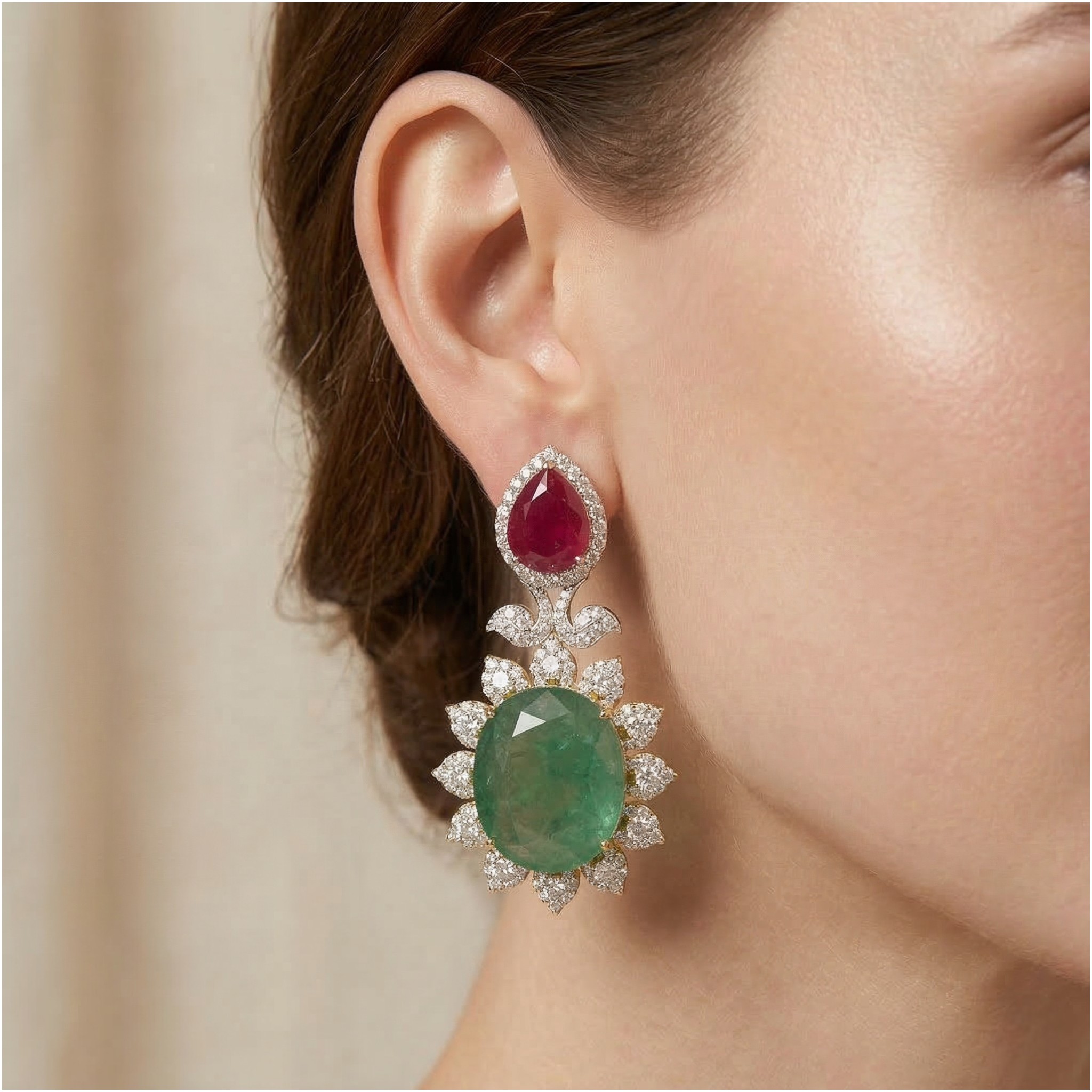 Beautiful 72.60ct Diamonds, Emeralds, and Rubies Drop Earrings in 18k Yellow Gold