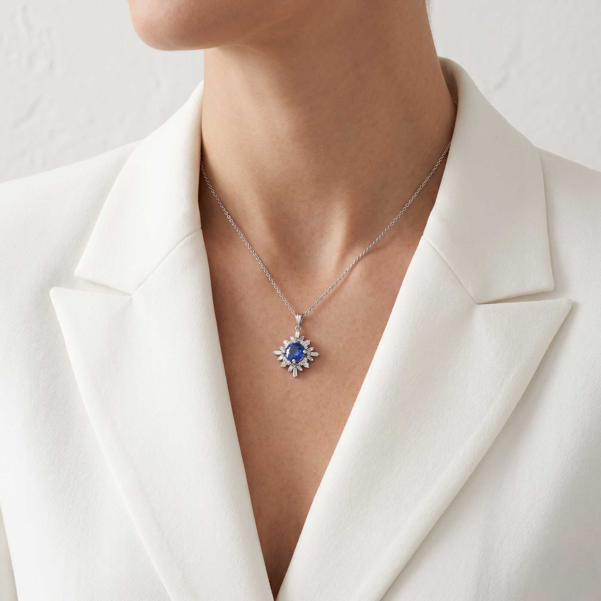 1.50 Carat IGI Certified Sapphire and Diamonds 14K White Gold Necklace
