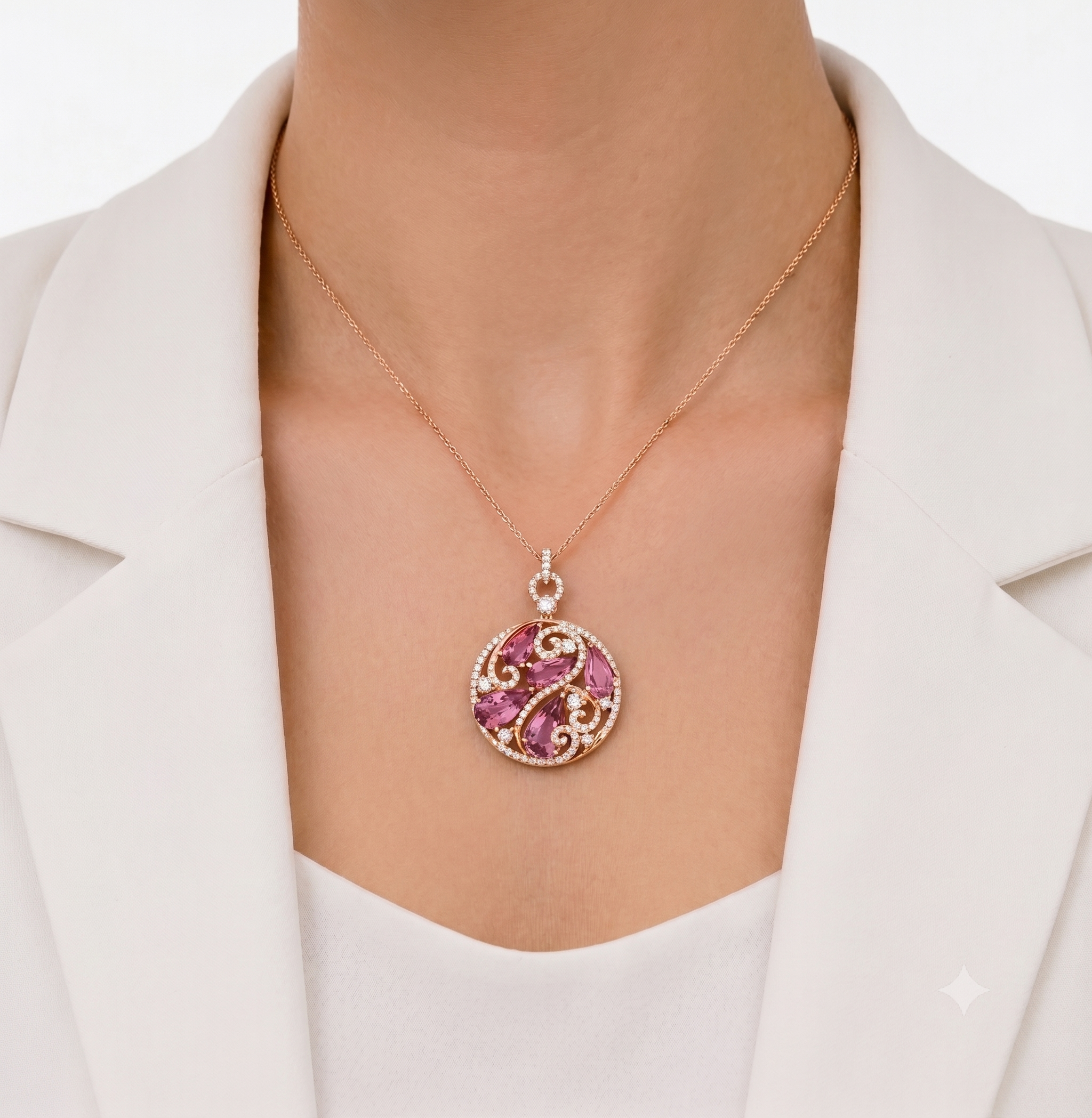Enchanting 2.40ct Pink Tourmaline and 0.63ct Natural Diamond Swirl Pendant in 18K Rose Gold