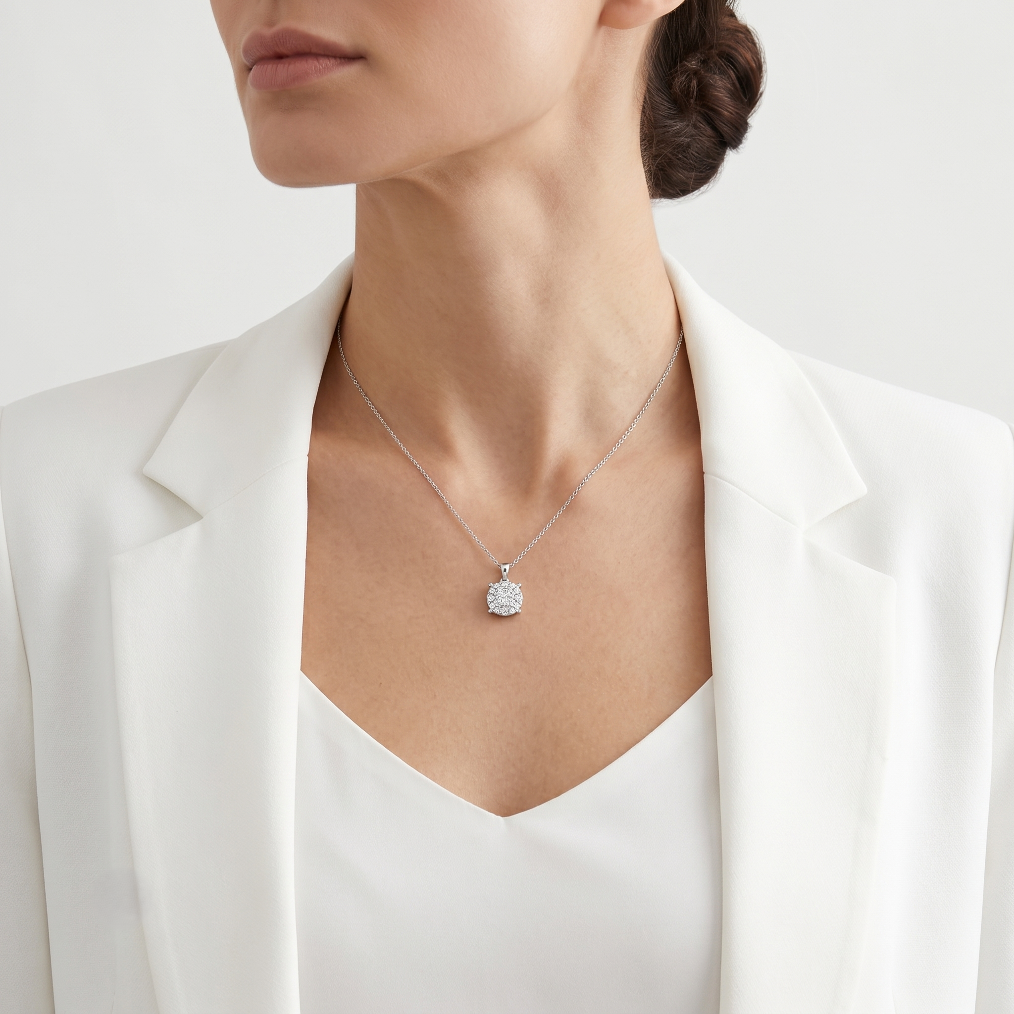 Classic 0.42ct Natural Diamond Halo Pendant in 18K White Gold (New)