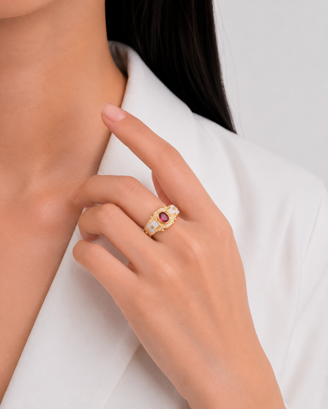 Gorgeous 0.21ct Ruby, 0.20ct Natural Diamond and Mother of Pearl Ring in 18K Yellow Gold