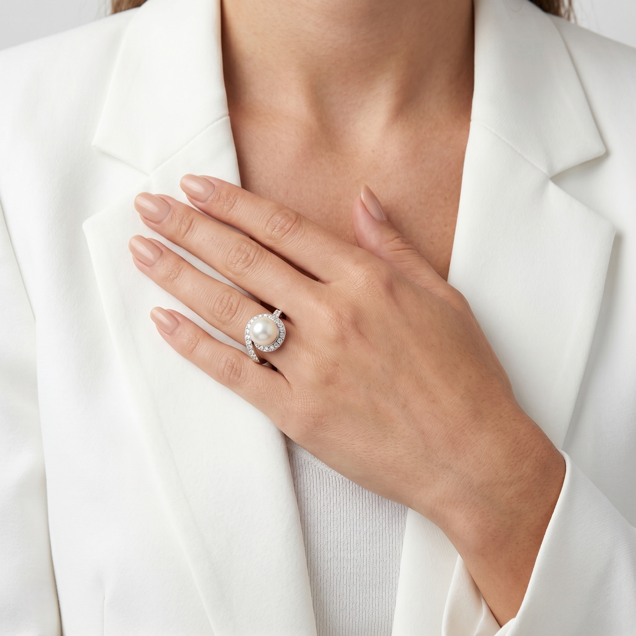 Graceful 8.5mm Pink Akoya Pearl and 0.20ct Natural Diamond Swirl Ring in 14K White Gold
