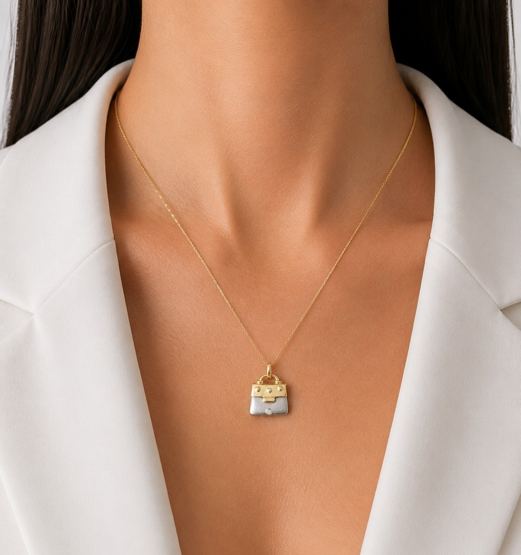 Charming 0.01ct Natural Diamond Handbag Pendant in 18K Two-Tone Gold