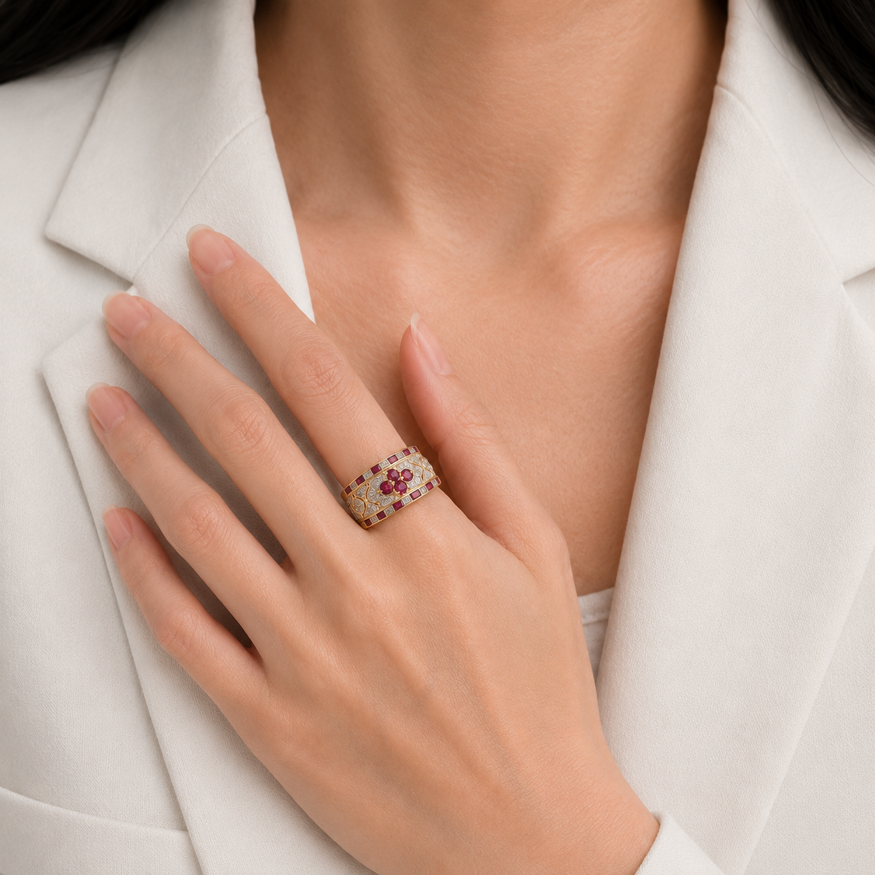Opulent 0.28ct Ruby and 0.42ct Natural Diamond Wide Band Ring in 18K Two-Tone Gold