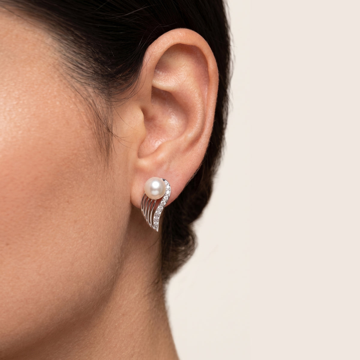 Enchanting 6.5 to 7mm Akoya Pearl and 0.16ct Natural Diamond Sweeping Swirl Stud Earrings in 18K White Gold