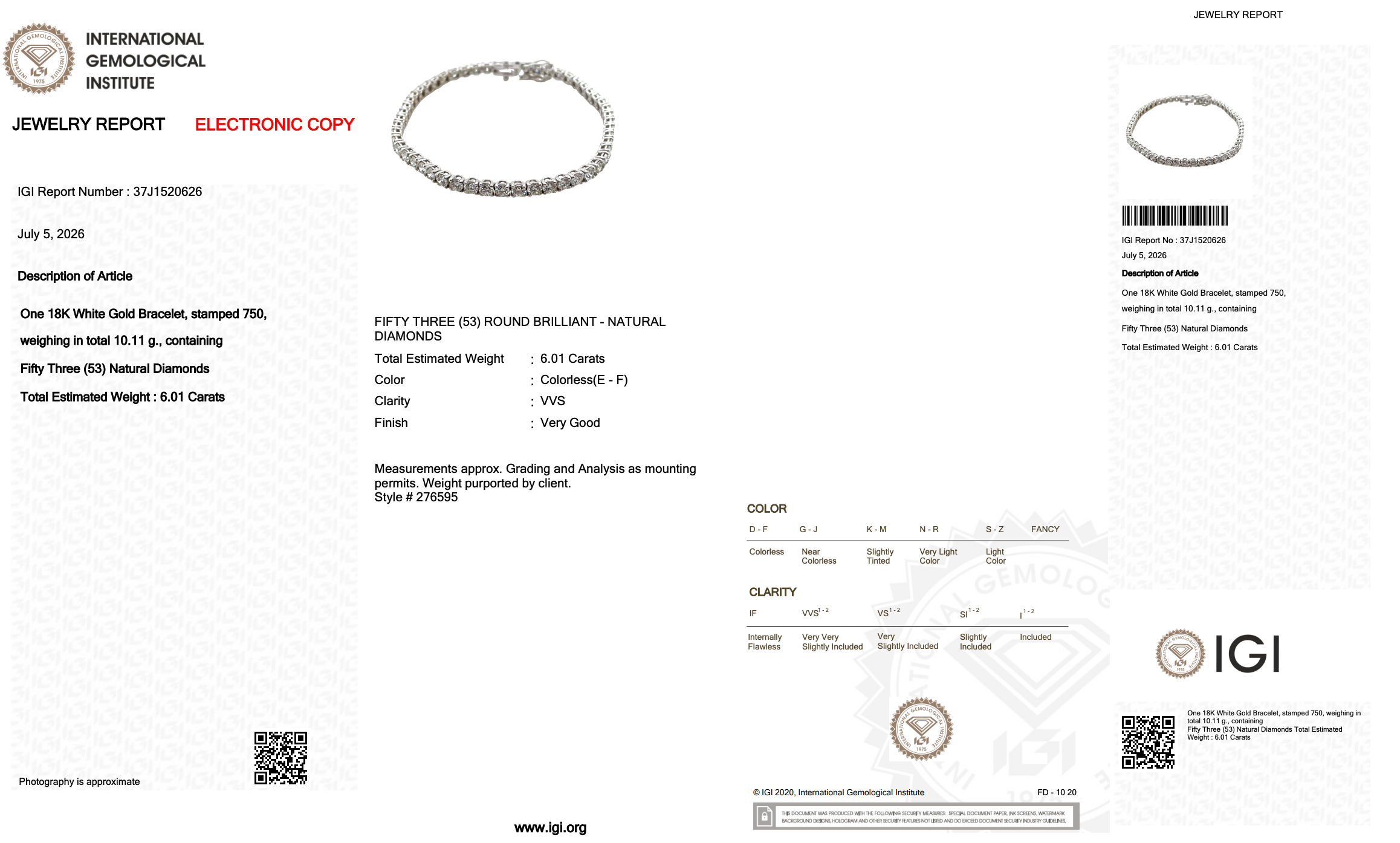 6.01 Carats IGI Certified Natural Diamonds 18k White Gold Tennis Bracelet