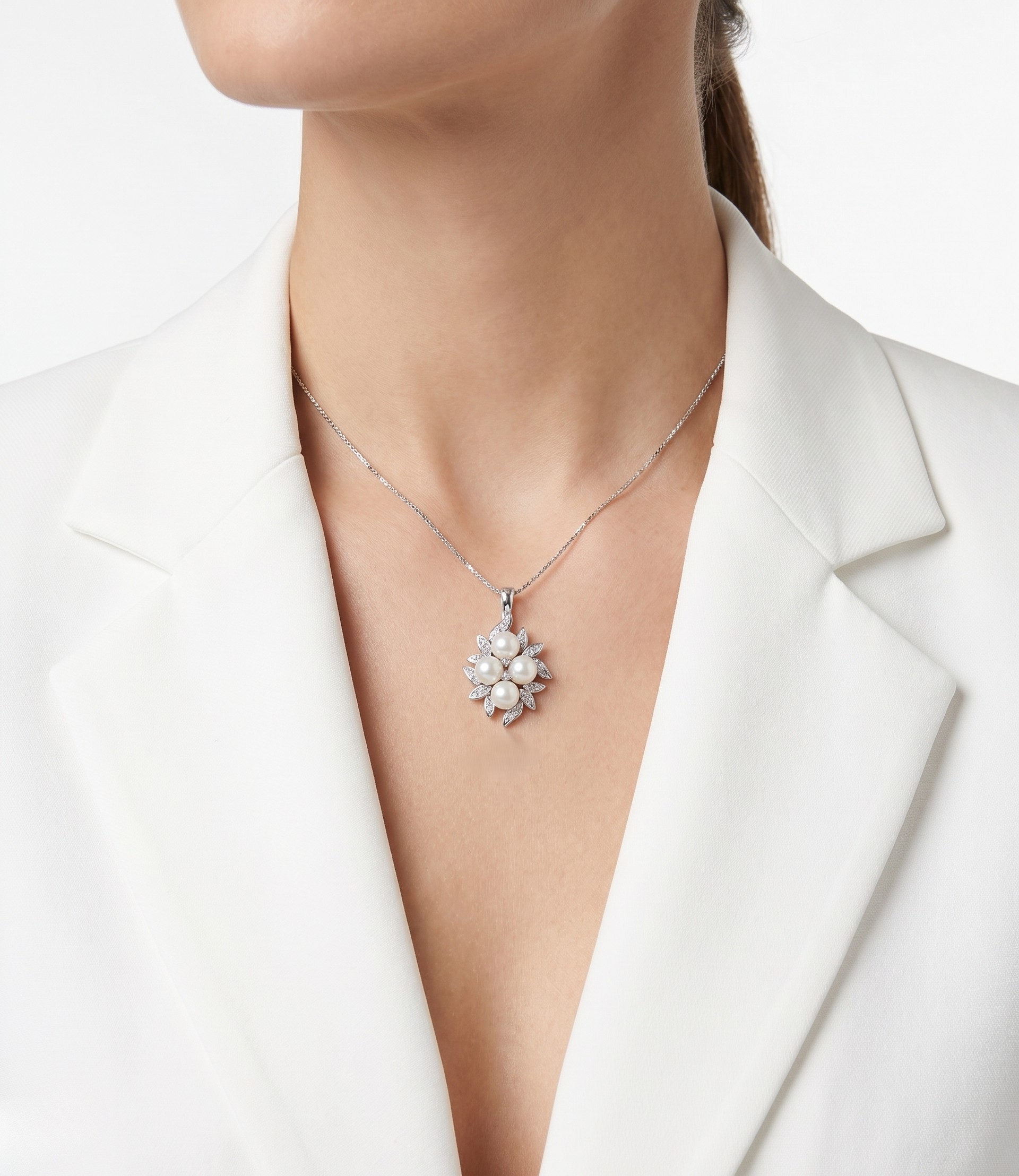Exquisite Pearl and 0.20ct Natural Diamond Floral Enhancer Pendant in 14K White Gold