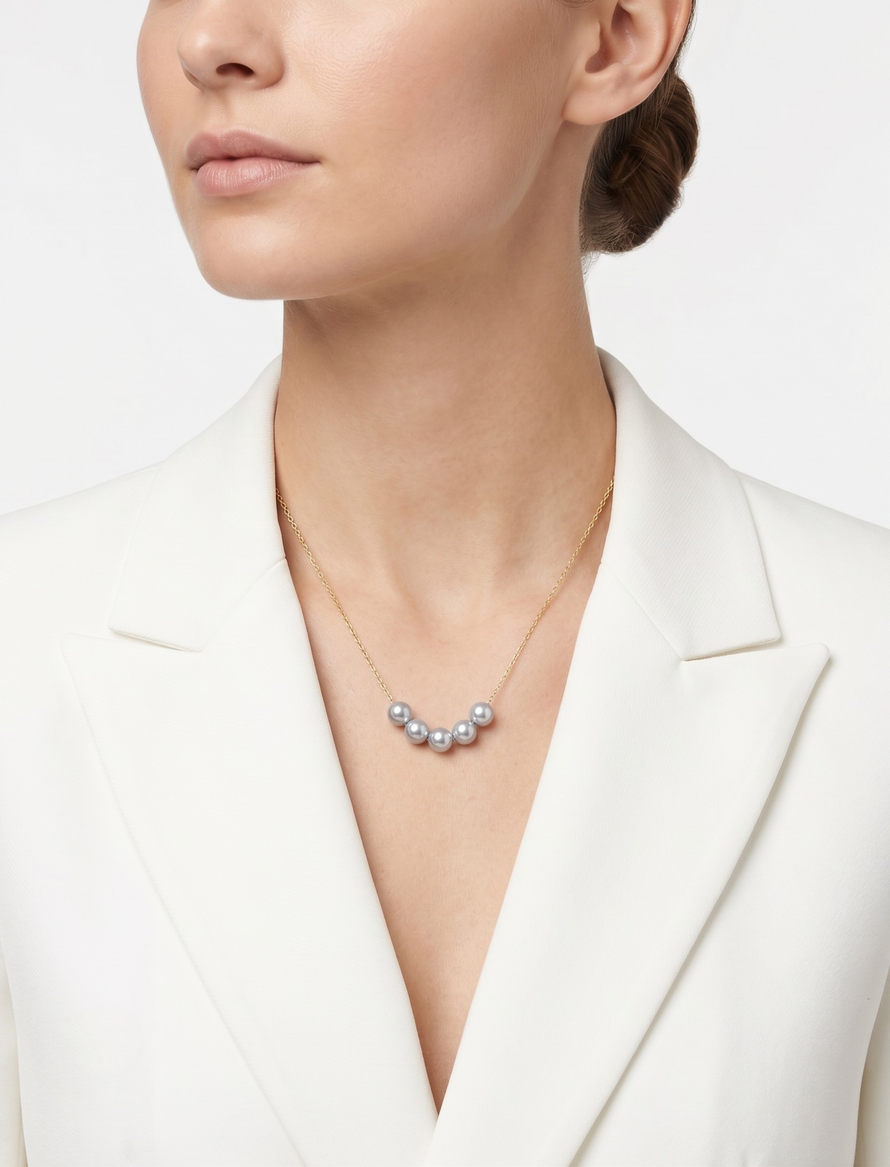 Lustrous 7-7.5mm Silver Grey Akoya Pearl Station Necklace in 18K Yellow Gold
