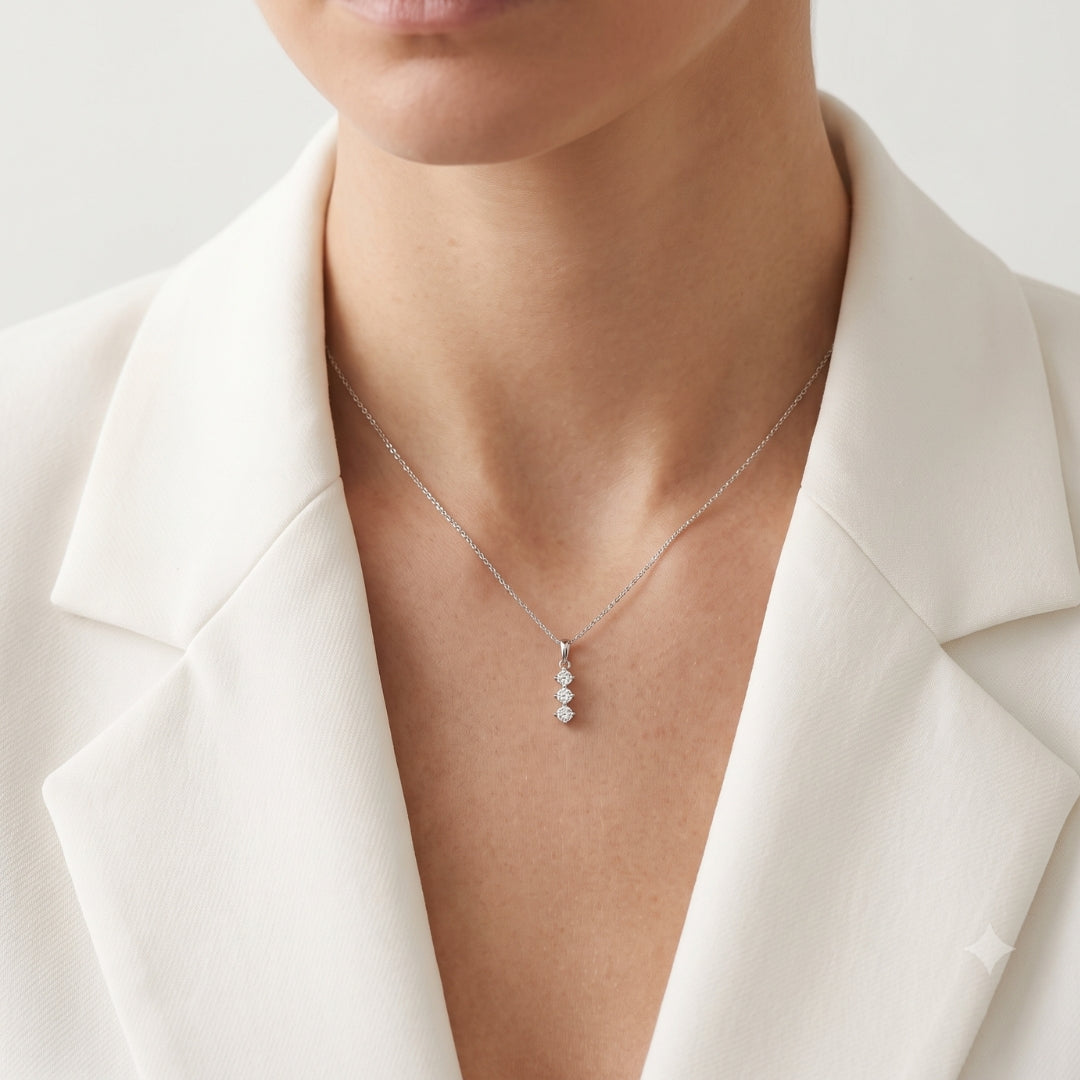 Elegant 0.50ct Natural Diamond Vertical Three Stone Drop Pendant in 18K White Gold