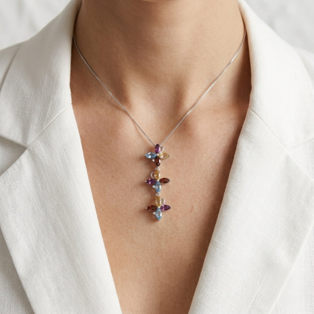 Vibrant 0.60ct Garnet, 0.30ct Topaz, 0.30ct Citrine and 0.01ct Natural Diamond Articulated Floral Drop Pendant in 18K White Gold