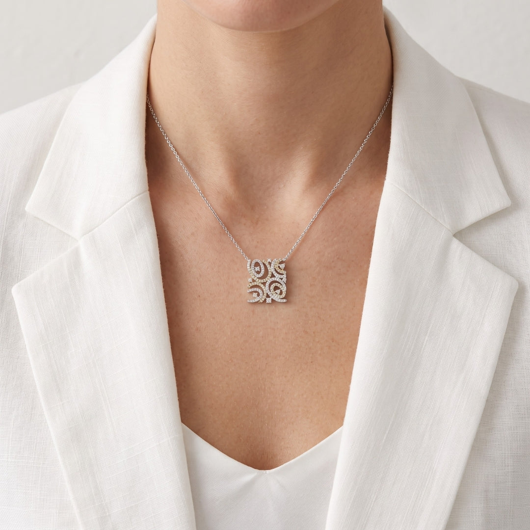 Ornate 0.47ct Natural Diamond Geometric Scroll Plaque Pendant in 18K Two-Tone Gold