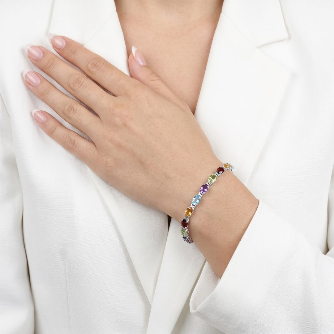 Vibrant 1.20ct Amethyst, 1.20ct Topaz, 1.20ct Citrine, 1.20ct Garnet and 0.90ct Peridot Rainbow Link Bracelet in 18K White Gold