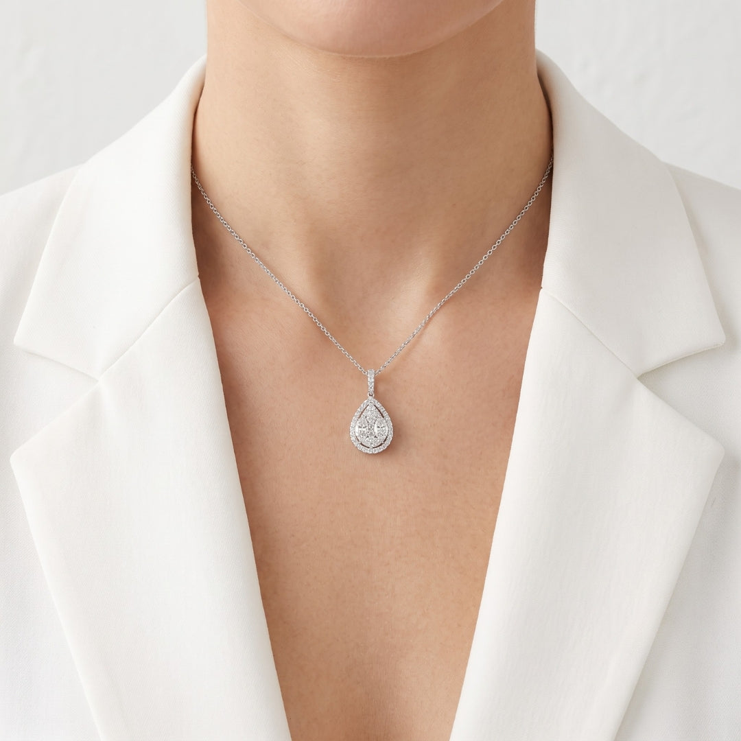 Breathtaking 1.41ct Natural Diamond Illusion Pear Cluster Halo Pendant in 18K White Gold
