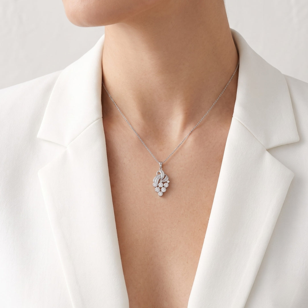 Elegant 0.50ct Natural Diamond Stylized Grape Bunch Ribbon Pendant in 18K White Gold