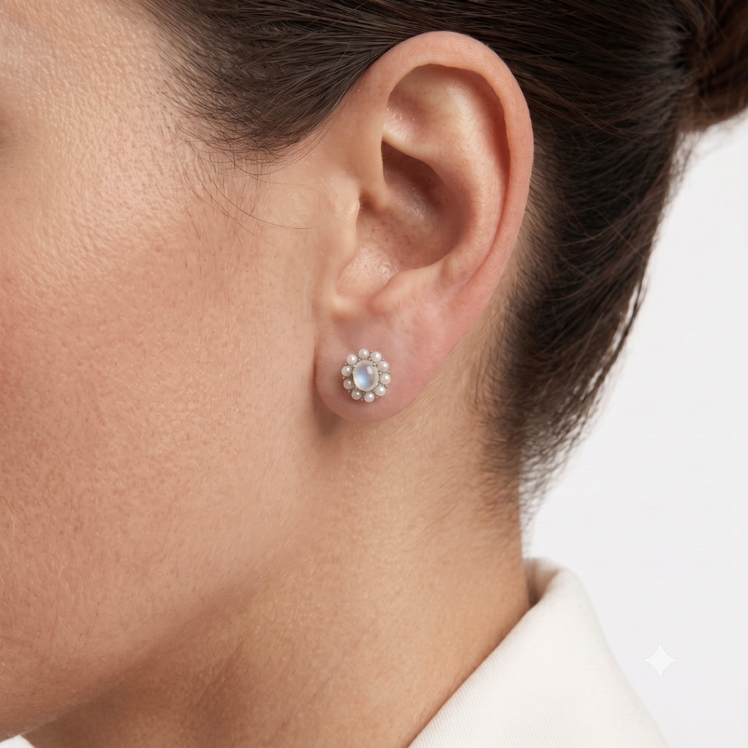Ethereal 1.00ct Moonstone and Pearl Halo Stud Earrings in 18K White Gold