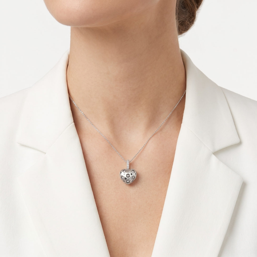 Sculptural 0.03ct Light Blue Spinel and 0.19ct Natural Diamond Satin-Finished Bubble Heart Pendant in 18K White Gold
