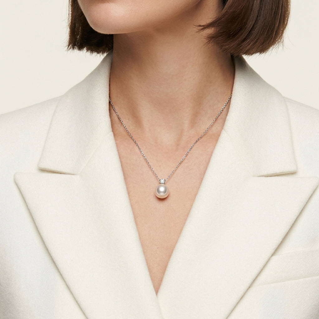 Elegant 9mm White Pearl and 0.10ct Natural Diamond Pendant Necklace in 18K White Gold