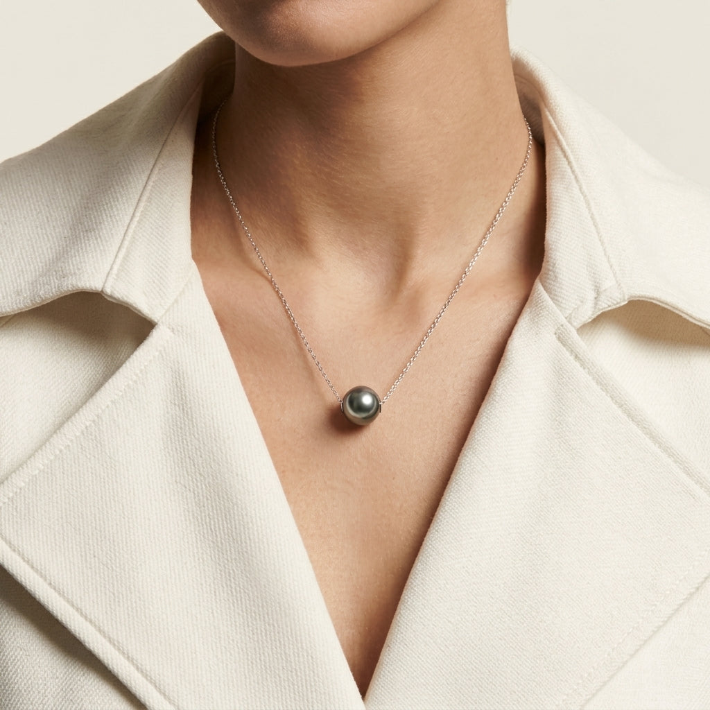 Sophisticated 10mm Grey Tahitian Pearl Slide Pendant Necklace in 18K White Gold