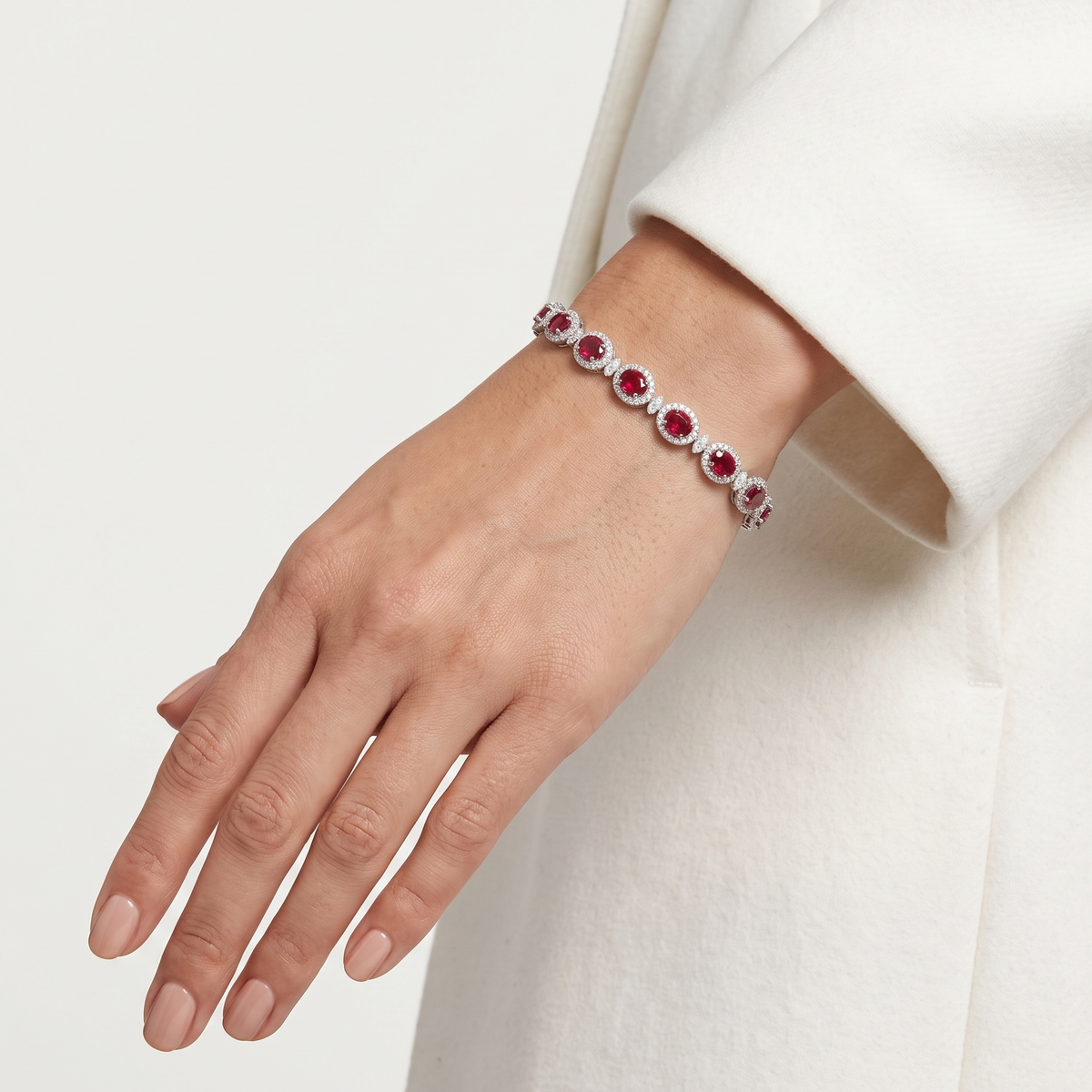 Majestic 8.35ct Burmese Ruby and 1.83ct Diamond Halo Line Bracelet in 18K White Gold with Nan Yang Certificate