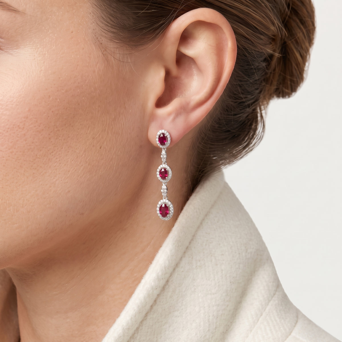 Exquisite 2.88ct Ruby and 1.02ct Natural Diamond Three Tier Halo Drop Earrings in 18K White Gold