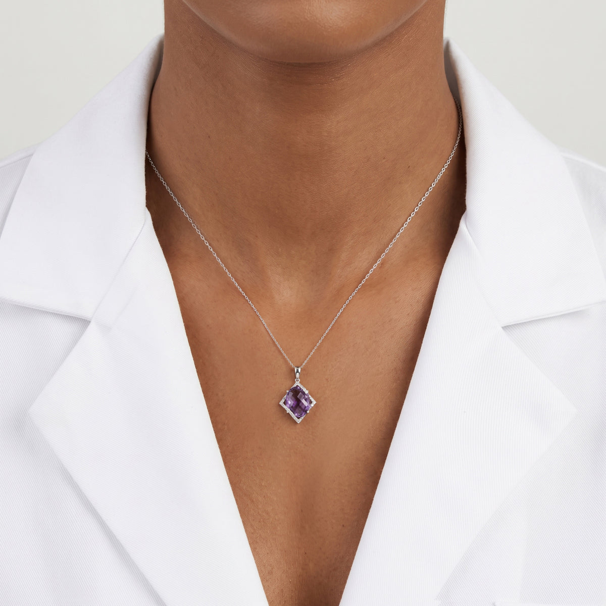 Exquisite 3.18ct Amethyst and 0.24ct Natural Diamond Halo Pendant in 18K White Gold (New)