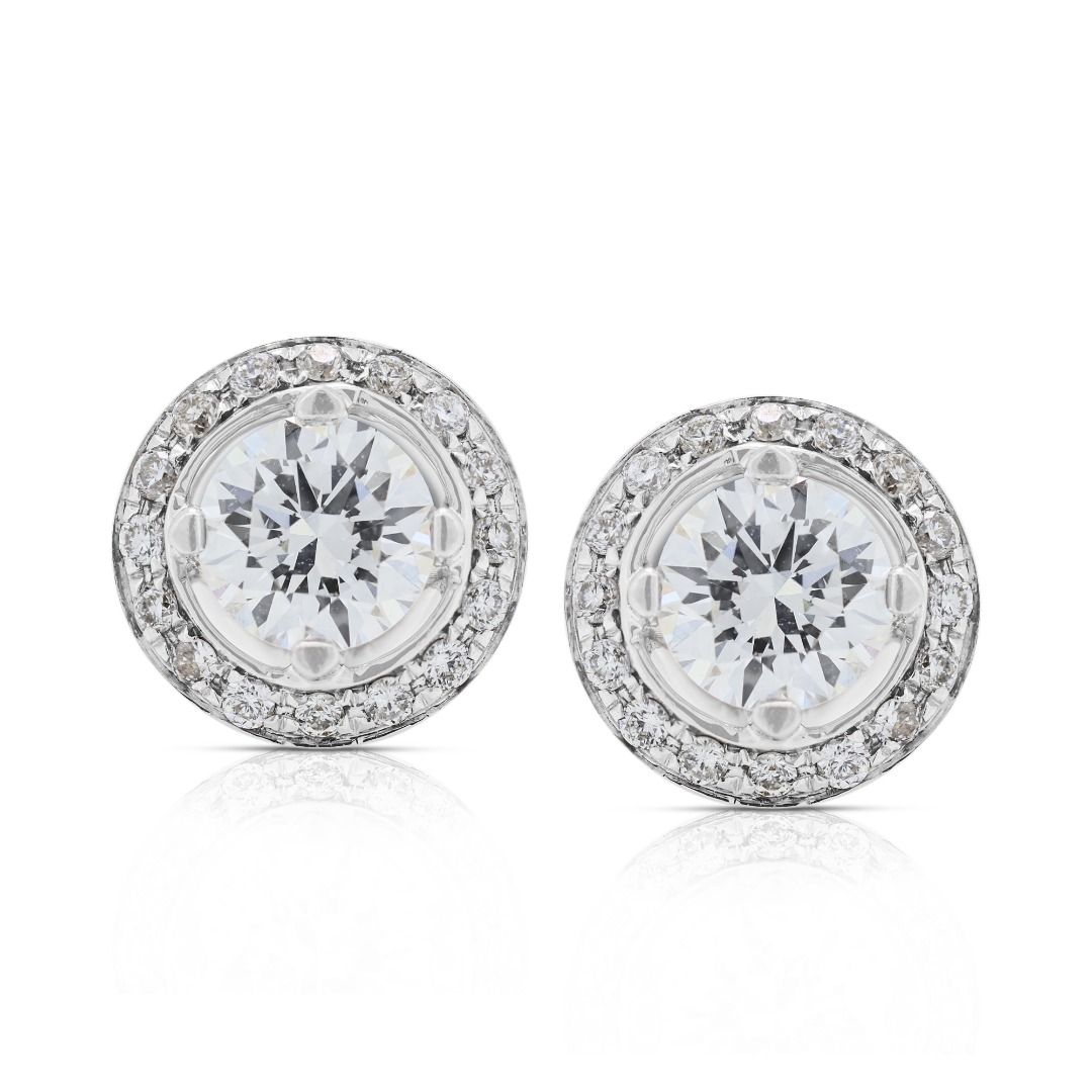 Sophisticated 0.92ct Natural Diamond Halo Earrings in 18K White Gold