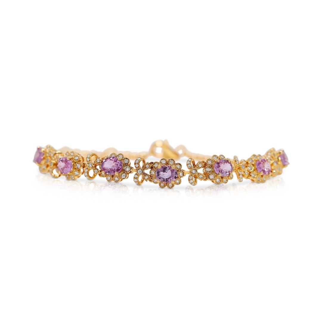 Charming 2.58ct Pink Sapphire and Natural Diamonds Bracelet in 18K Yellow Gold