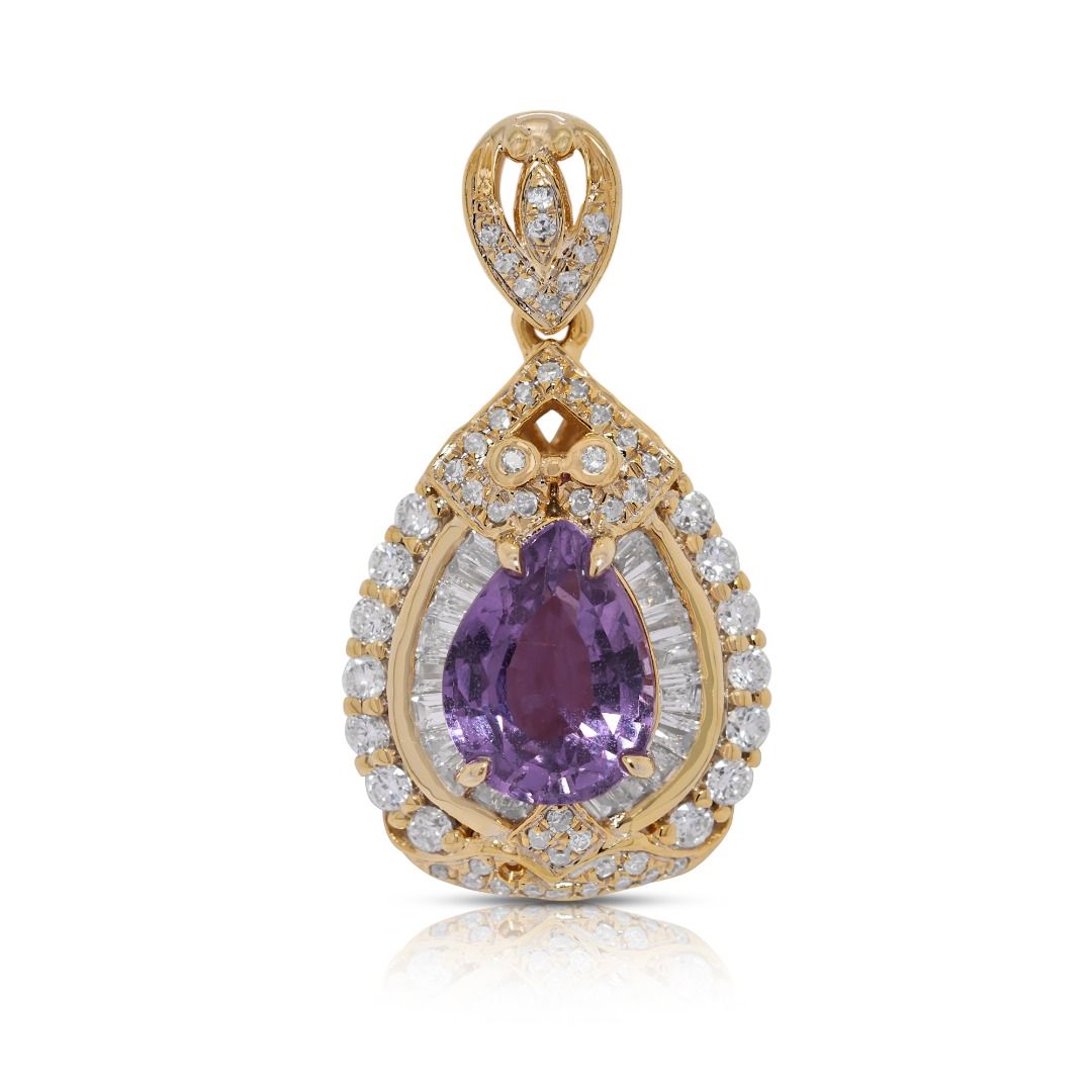 Enchanting 1.14ct Purple Sapphire and Natural Diamonds Pendant in 18K Yellow Gold