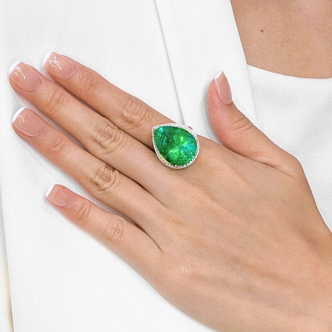 Glamorous 28.26ct Emerald and Diamonds Cluster Ring in 18k White Gold - GRS & IGI Certified