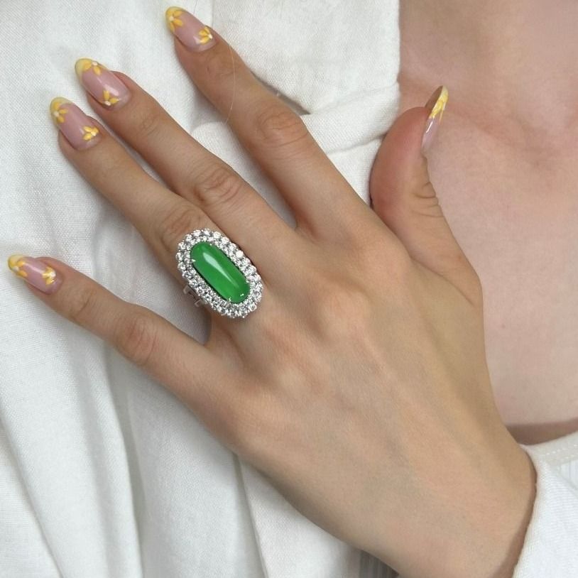 Elegant 3 carats and 25 points Jade with Natural Diamond Double Halo Ring in 18K White Gold with IGI