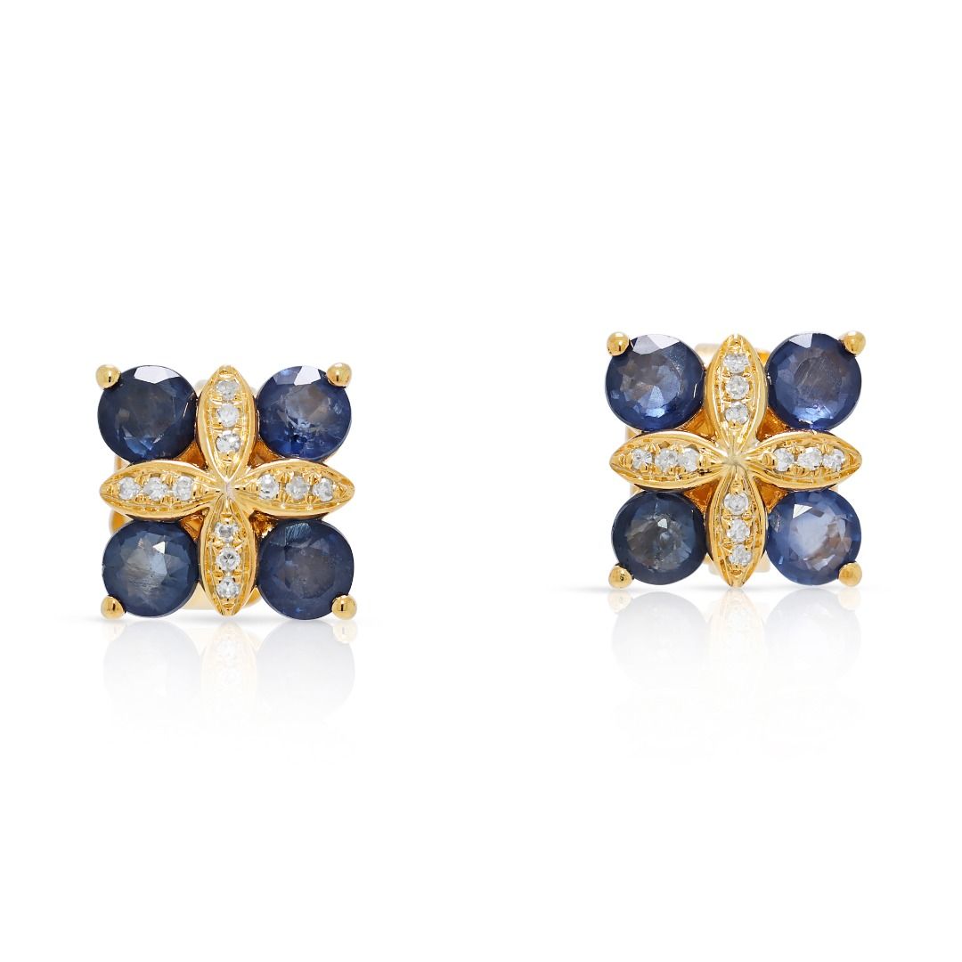 Stylish 0.47ct Sapphire & Natural Diamond 18K Yellow Gold Stud Earrings