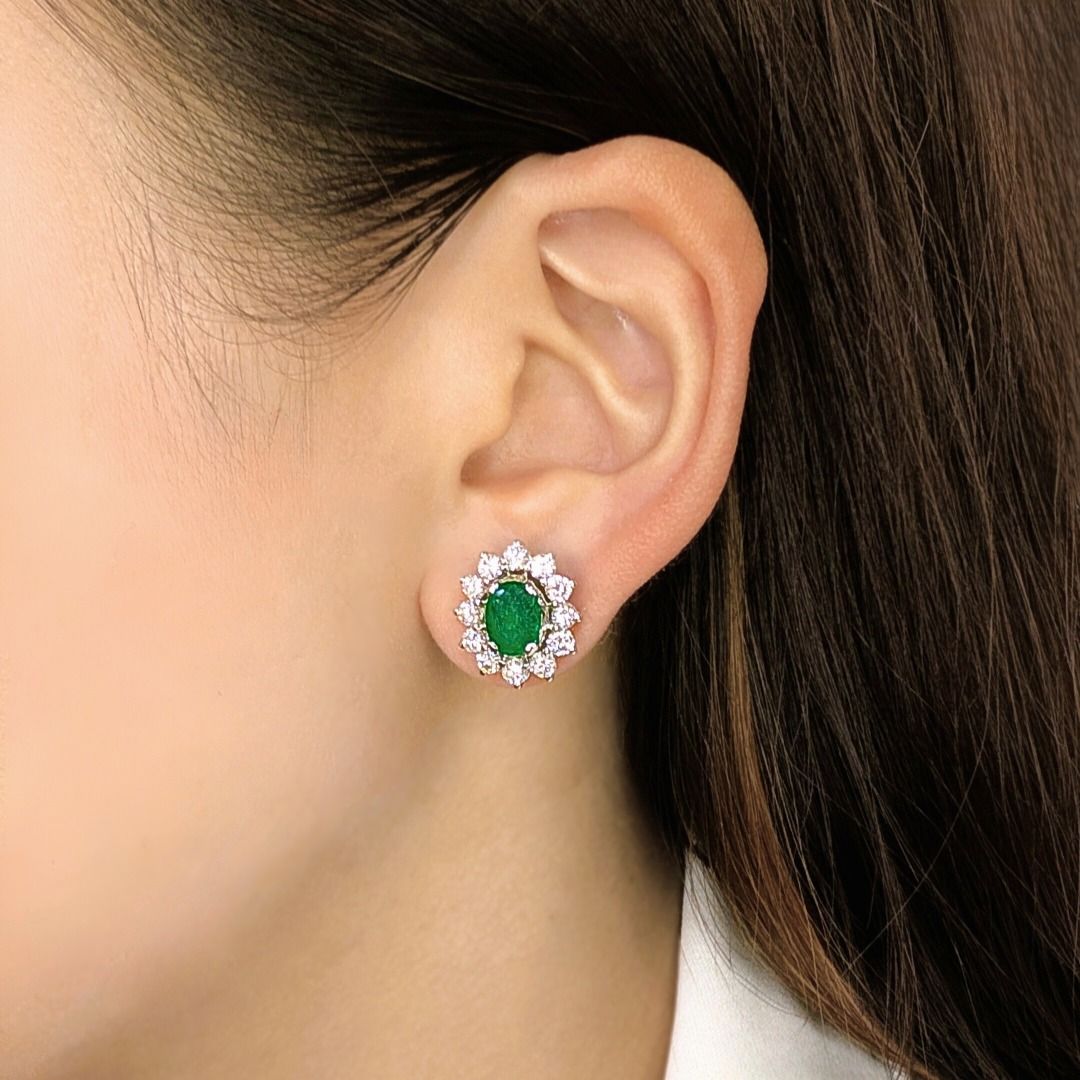 Breathtaking 11.40ct Emerald & Natural Diamond Cluster Stud Earrings in 18K White Gold – IGI Certified
