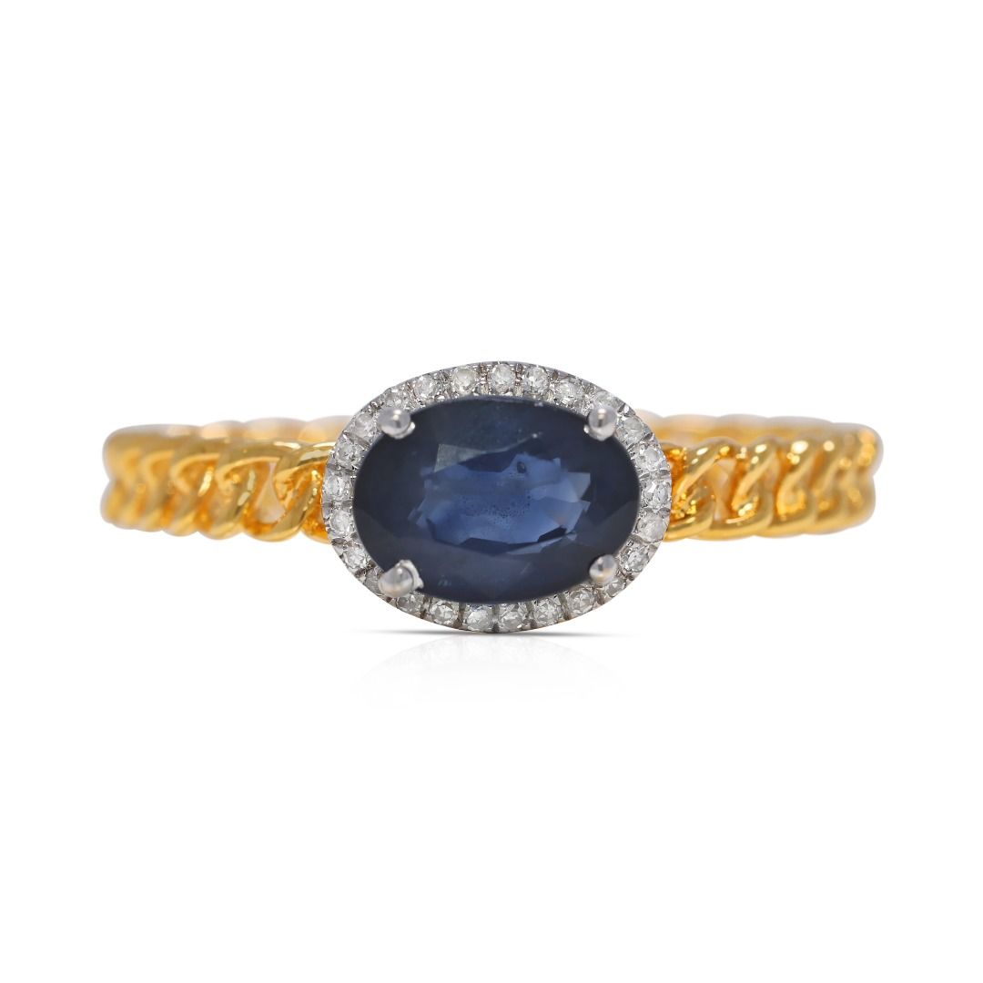 Sophisticated 0.75ct Blue Sapphire and Natural Diamonds Halo Ring in 18K Yellow Gold