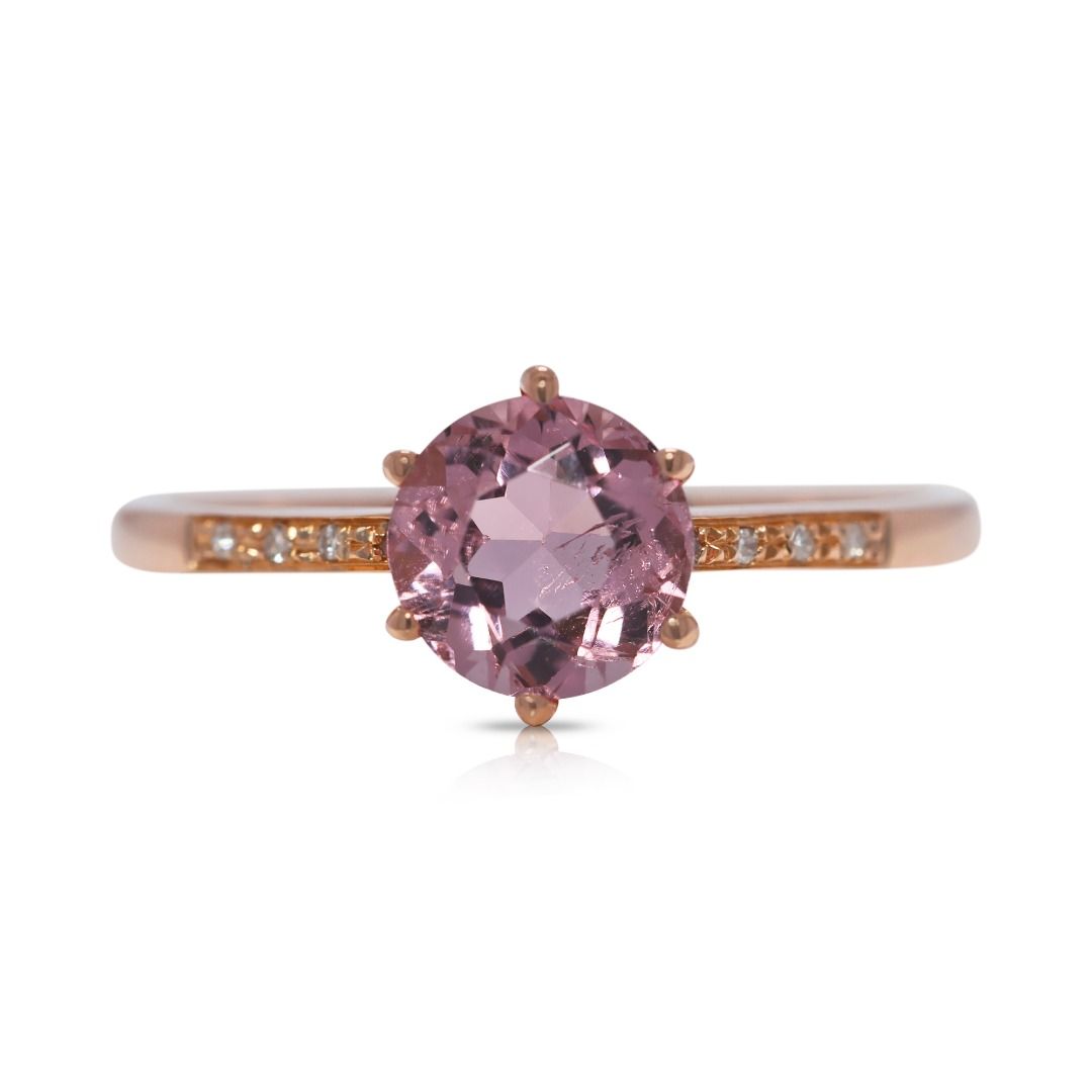Delicate 0.74ct Pink Tourmaline and Natural Diamonds Pave Ring in 18K Yellow Gold
