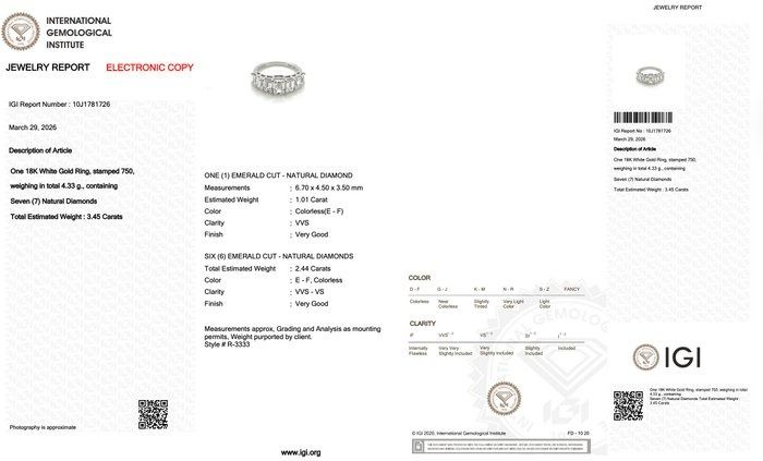 3.45 Carat IGI Certified 18K White Gold 7-Stone Ring