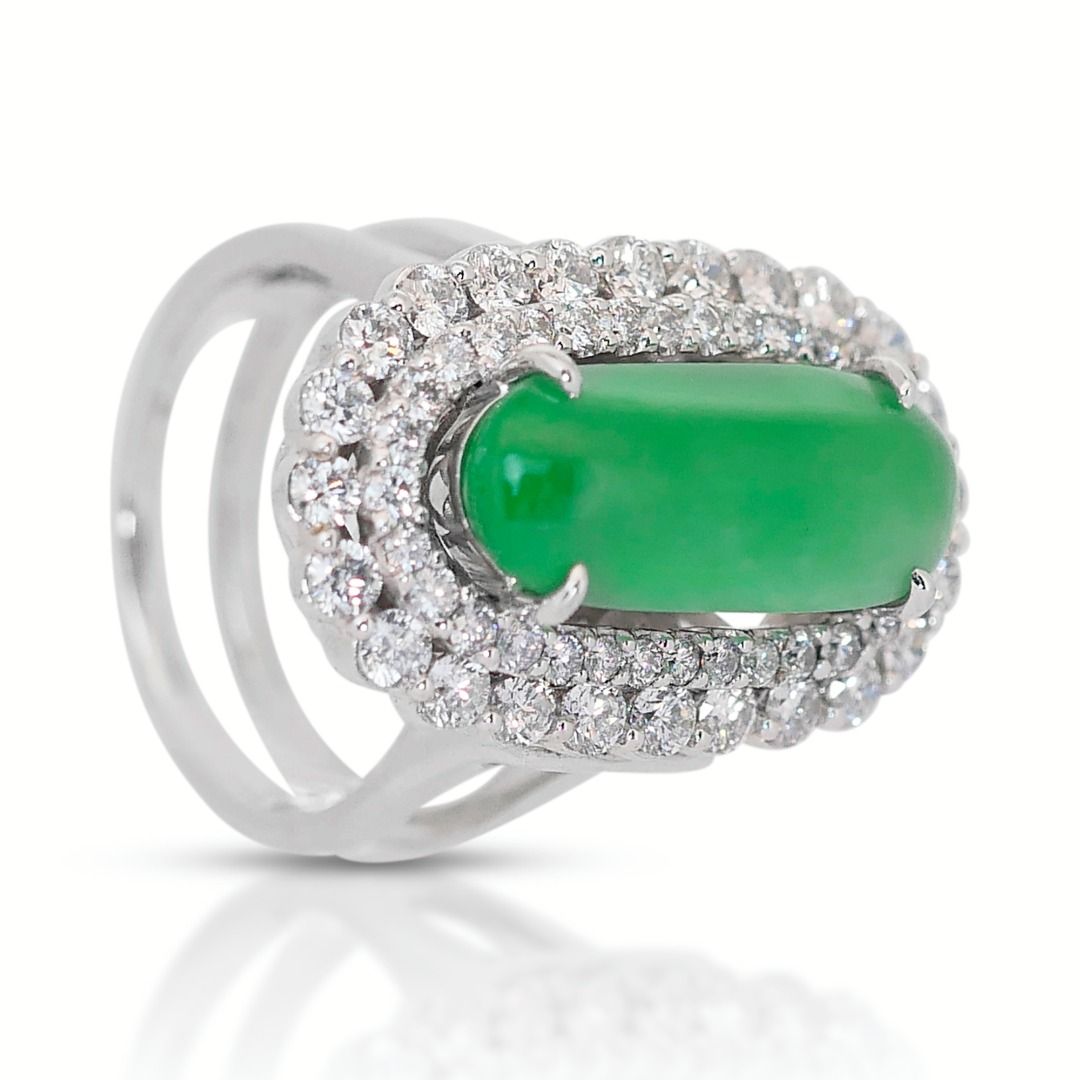 Elegant 3 carats and 25 points Jade with Natural Diamond Double Halo Ring in 18K White Gold with IGI