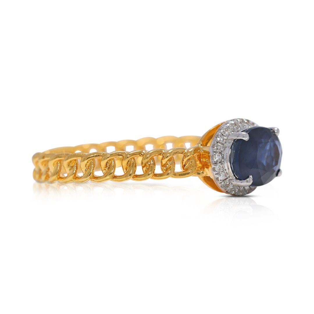 Sophisticated 0.75ct Blue Sapphire and Natural Diamonds Halo Ring in 18K Yellow Gold