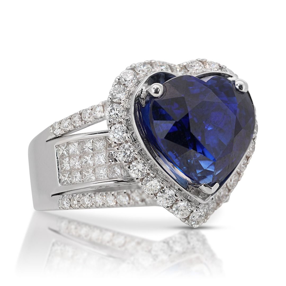 Fabulous 18.14ct Heart Shape Dome Sapphire Ring with Side Diamonds - GRS & IGI Certified