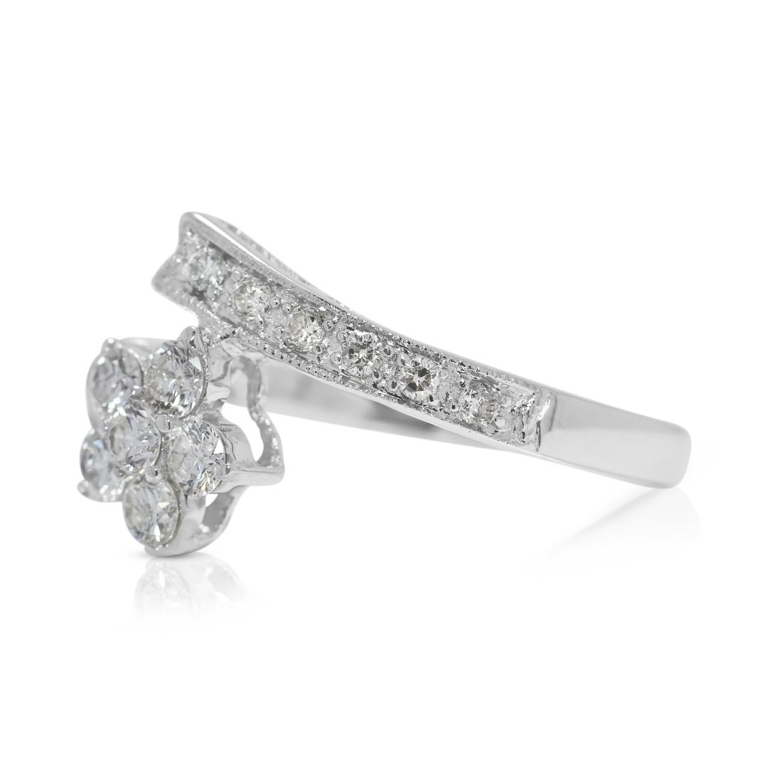 Charming 0.34ct Floral Natural Diamond Ring with Unique Band in 18K White Gold