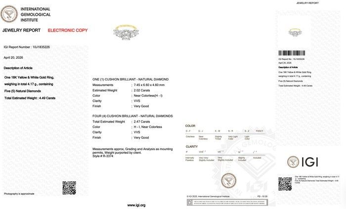 4,49 Karat IGI zertifizierter Naturdiamant 18K Gelb- und Weißgold 5-Stein Ring