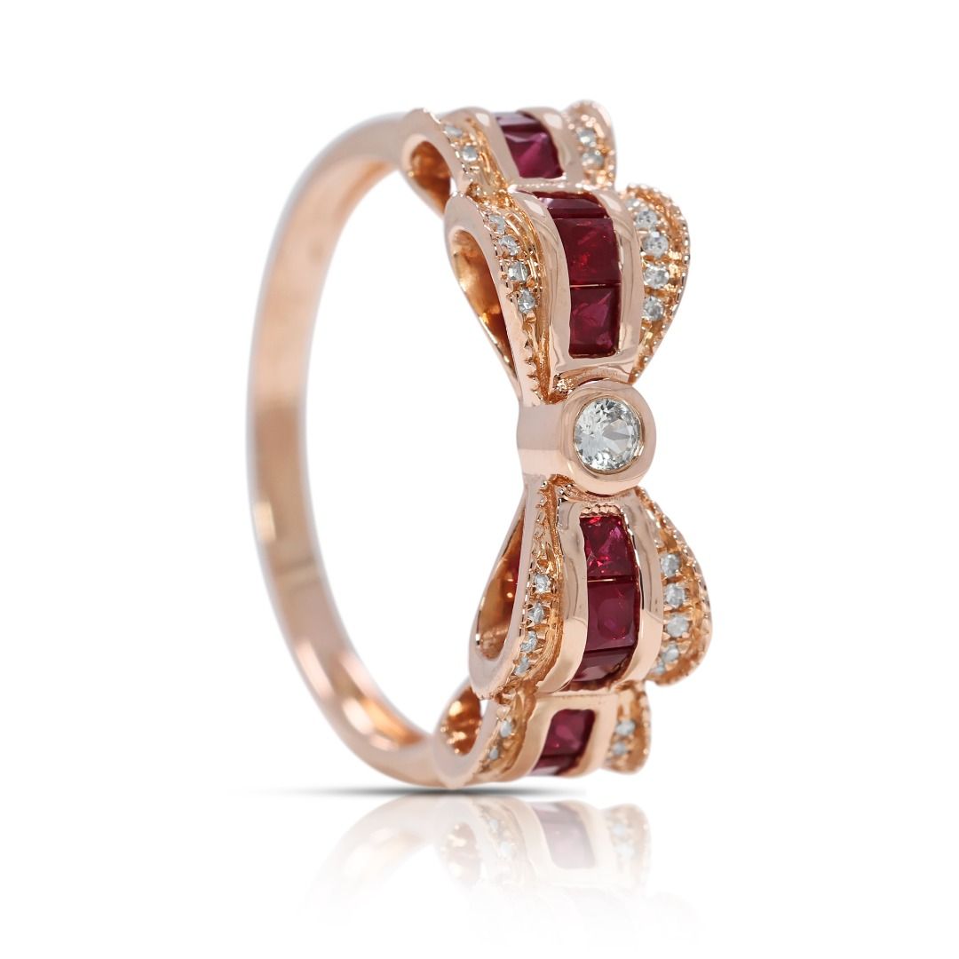 Charming 0.73ct Ruby and Natural Diamonds Ribbon Ring in 18K Rose Gold