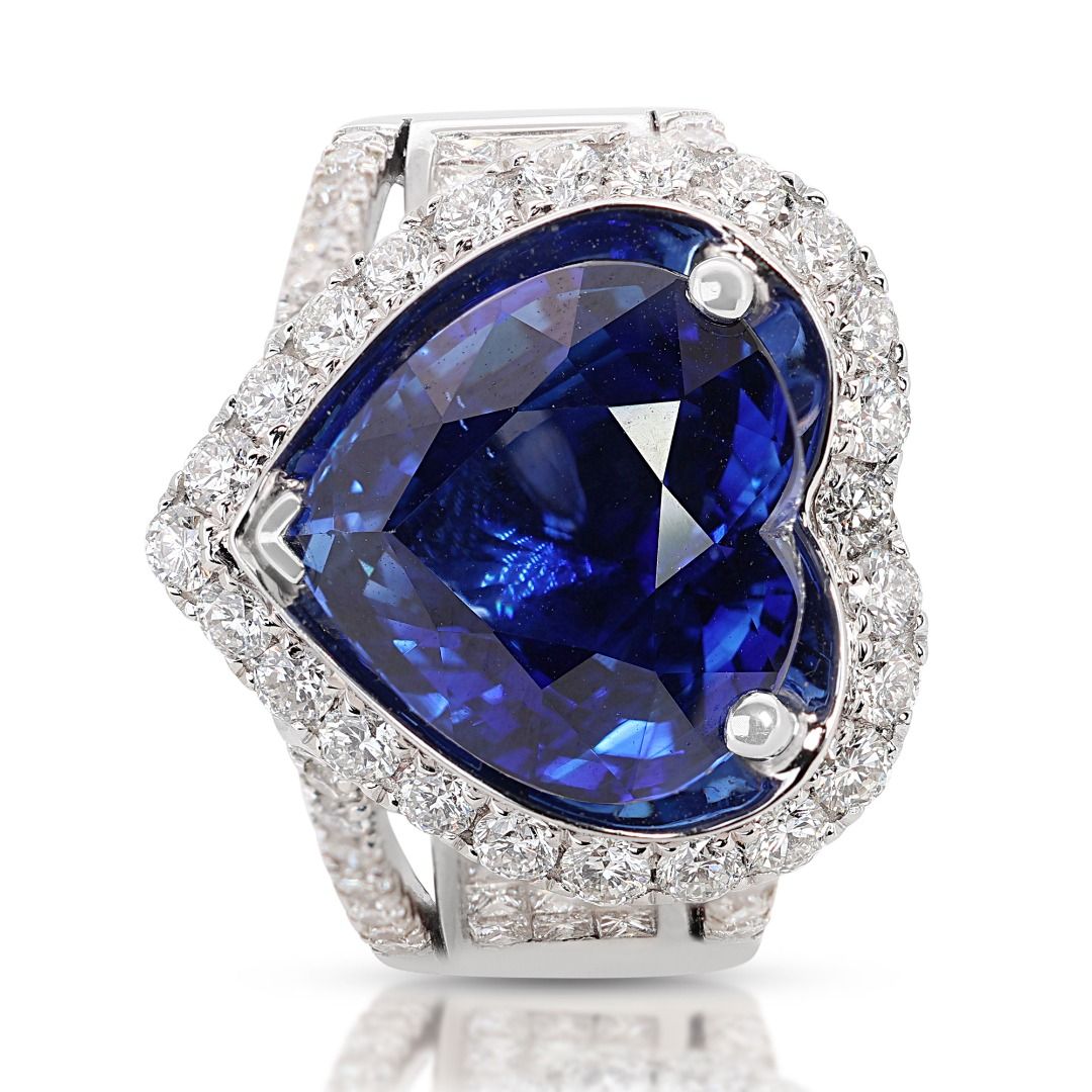 Fabulous 18.14ct Heart Shape Dome Sapphire Ring with Side Diamonds - GRS & IGI Certified