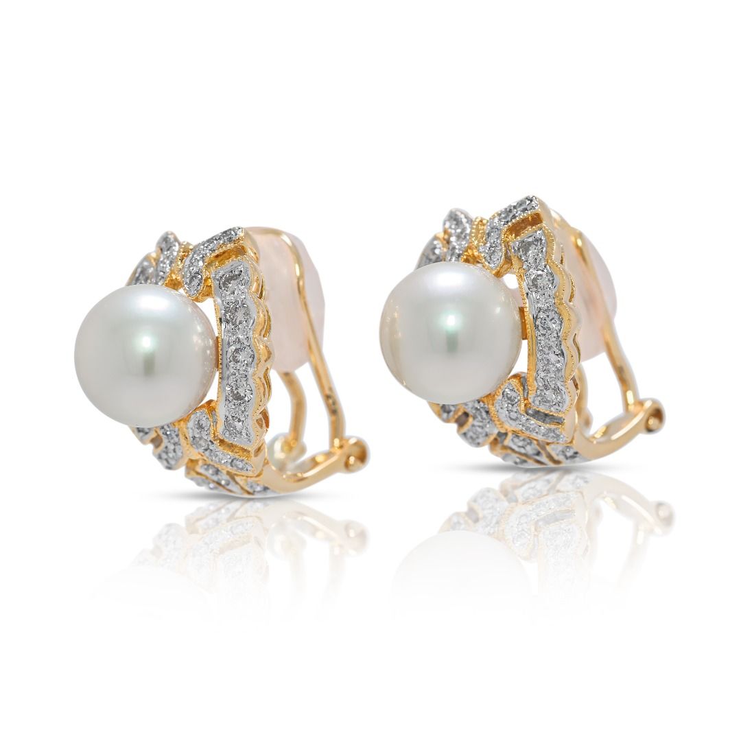 Elegant Akoya Pearl & Natural Diamond 18K Yellow Gold Latch Back Earrings
