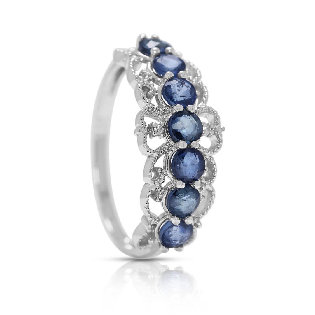 Intricate 0.61ct Sapphire and Natural Diamonds Ring in 18K White Gold