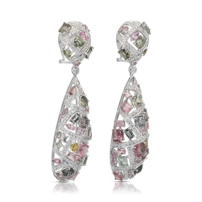 Captivating 24.53ct Tourmalines and Diamonds Drop Earrings in 18k White Gold - IGI Certified