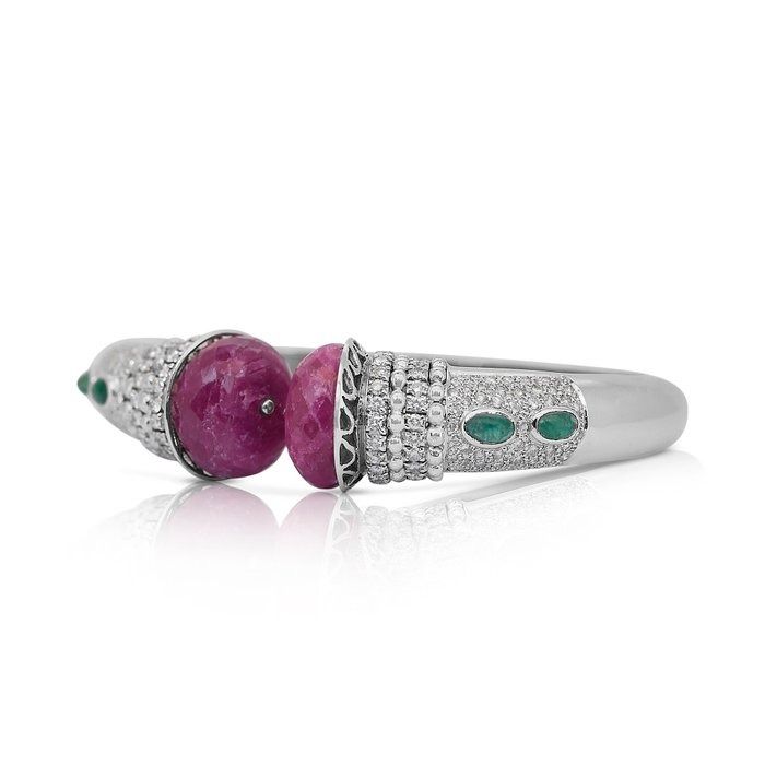 Gorgeous 16.80ct Emeralds, Rubies, and Diamonds Bangle in 14k White Gold
